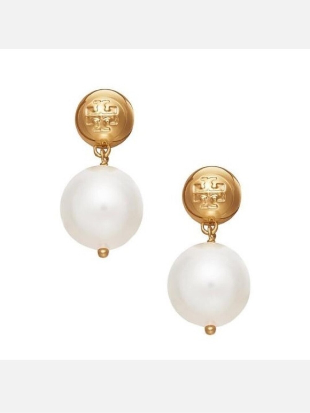 New Tory Burch Gold Plated Logo Drop Earrings with White Pearls
